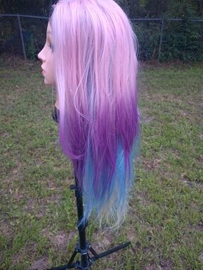 Pastel Pink to Purple to Blue Ombre Long Synthetic Wig - Women Hair